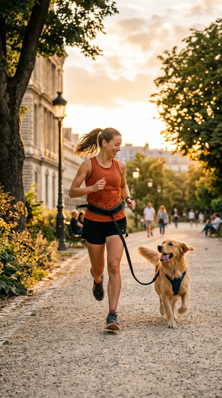 RunWithPaw banner mobile - woman running with golden retriever portrait